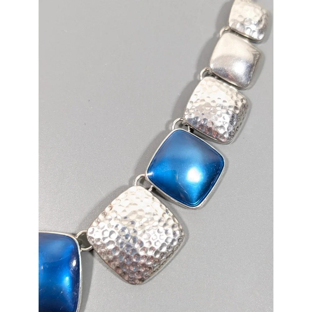 Blue‎ Enamel Hammered Statement Necklace Silver Tone Western Boho 22